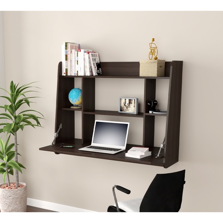 INVAL Floating Wall Mounted Desk 43.3 in. W Rectangular Espresso with 6-Shelves ES-14903
